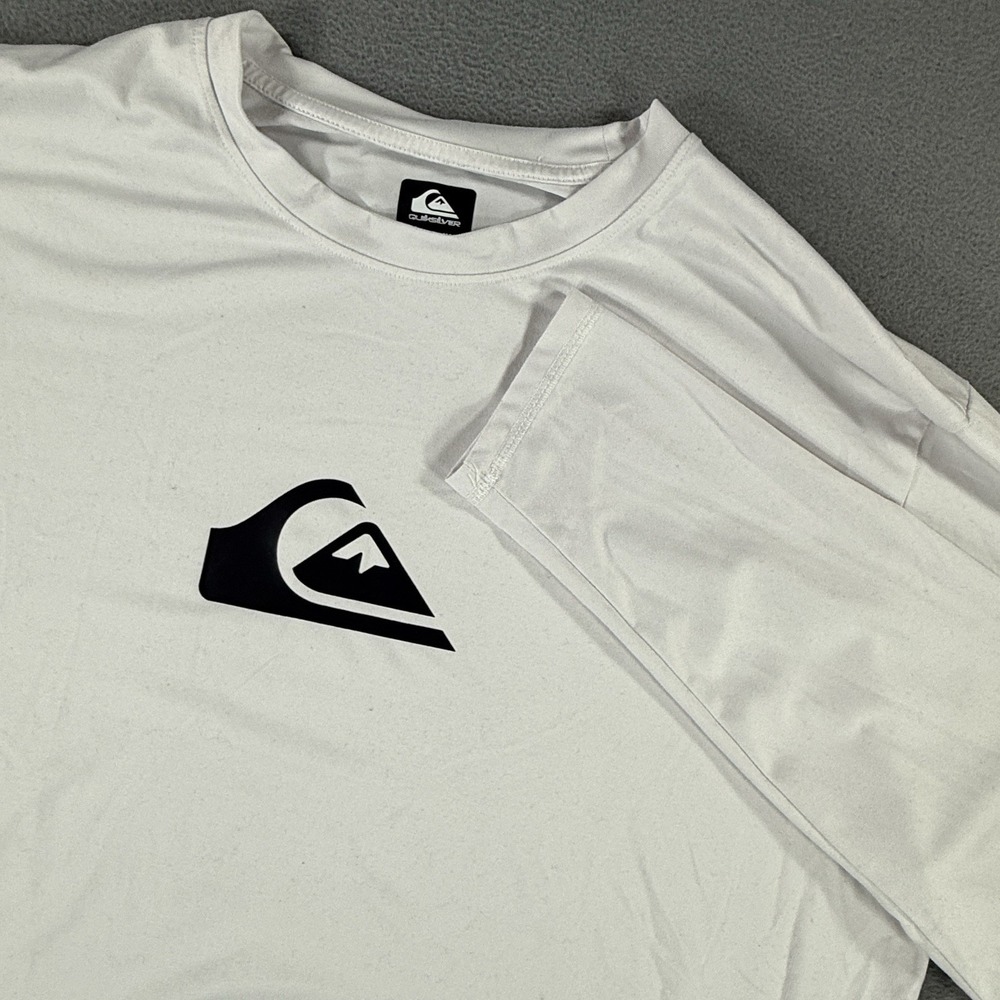 Quiksilver Long Sleeve Shirt Mens XL White Black Logo Rash Guard Surf Swim